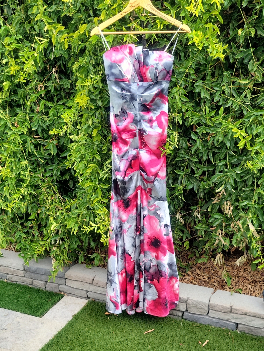 Y2K Floral Pink & Gray Strapless Mermaid Style Evening Formal Gown Sz 1/2